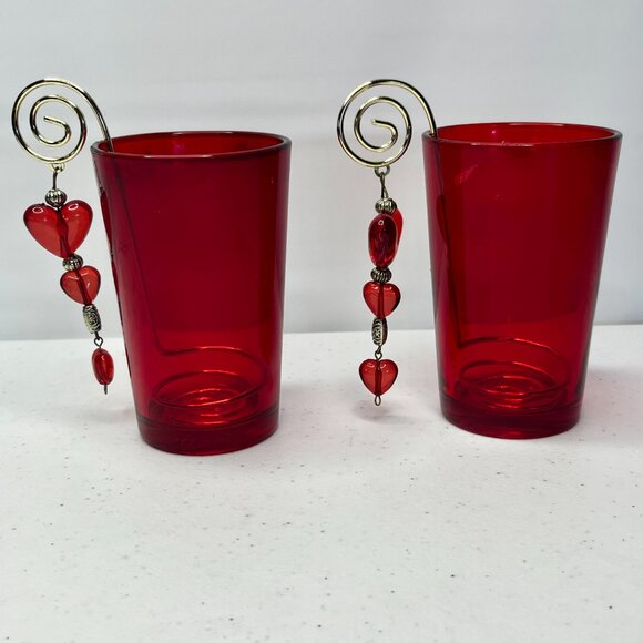 Pair Red Glass Luminary Votive Candle Holder Decorative Hearts Golden Wire Roman - Picture 11 of 17
